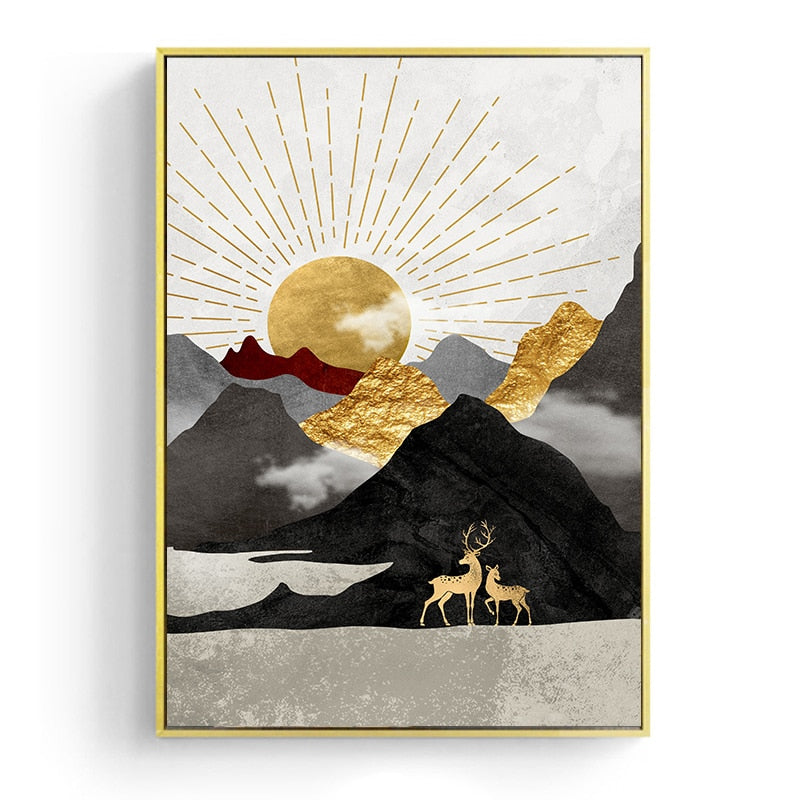 Japanisches Poster – Geometrische Landschaft, „Goldene Sonne“ 