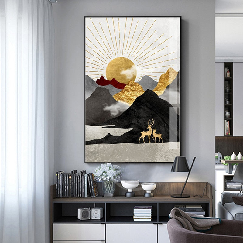 Japanisches Poster – Geometrische Landschaft, „Goldene Sonne“ 