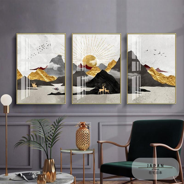 Japanisches Poster – Geometrische Landschaft, „Goldene Sonne“ 