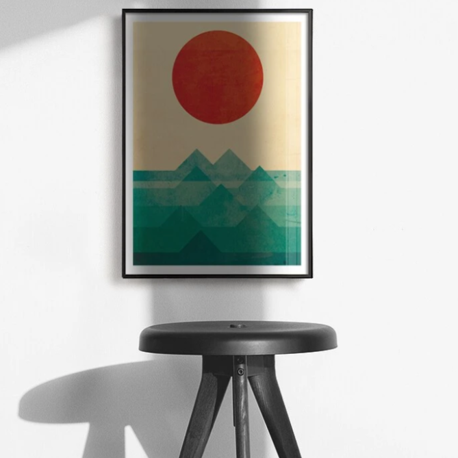 Japanisches Poster - Abstrakte Landschaft, „Sonne auf dem Berg“